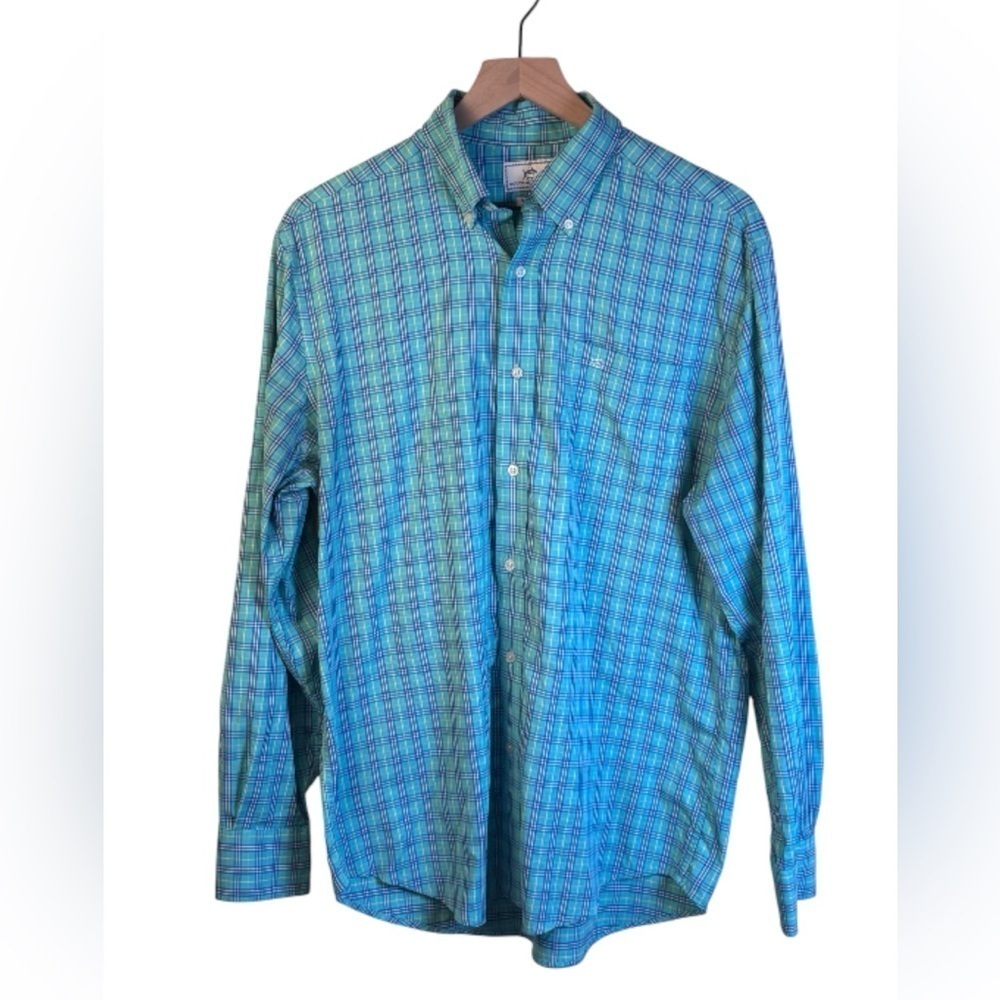 Southern Tide Men’s Performance Blue and Green Plaid Button-Up Shirt Size Med